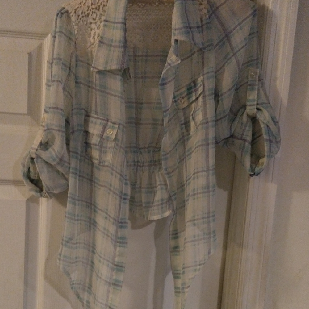 Plaid Button-Up Shirt with Lace Detail